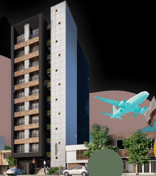 Fachada edificio roomie Coliving, estilo industrial, edificio de 10 pisos, apartasuites con balcon.